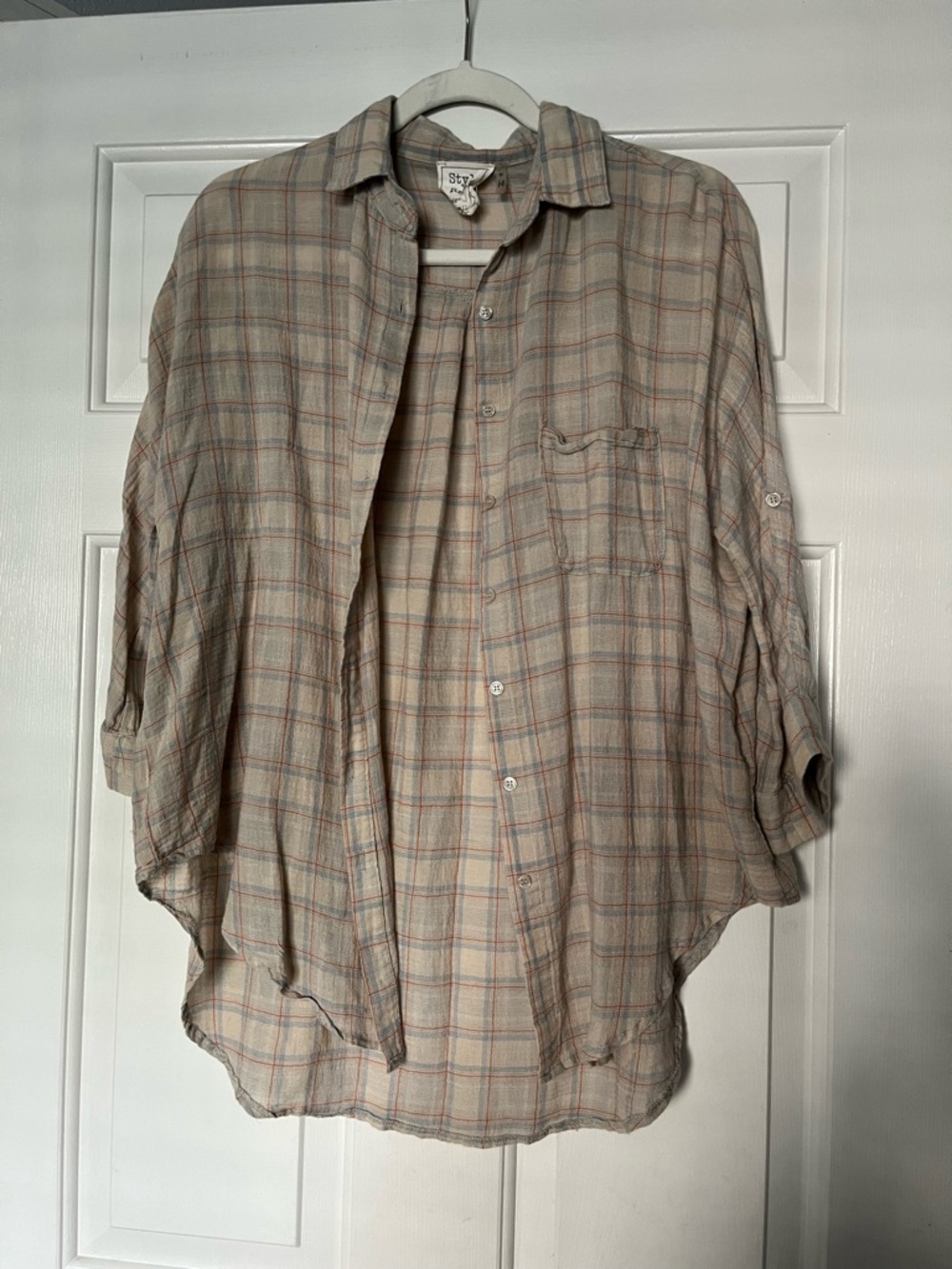 Style Rack Cream Plaid Shirt with Rust & Light Blue Stripes | Size Small